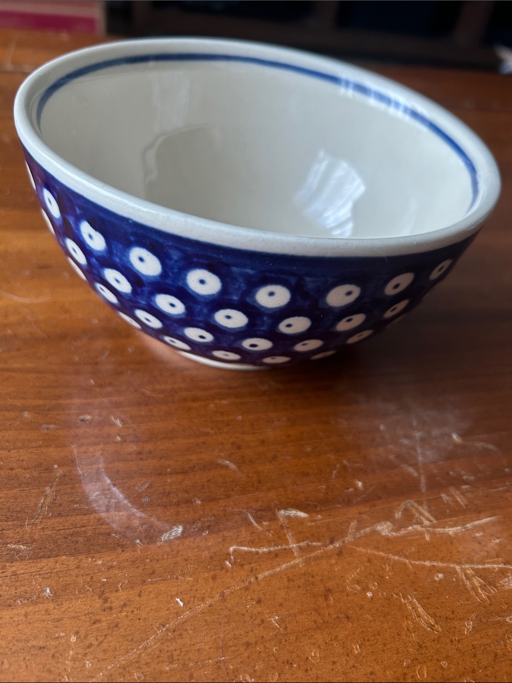Polish Pottery Boleslawiec Blue and White Polka Dot Ceramic Decorative Bowl
